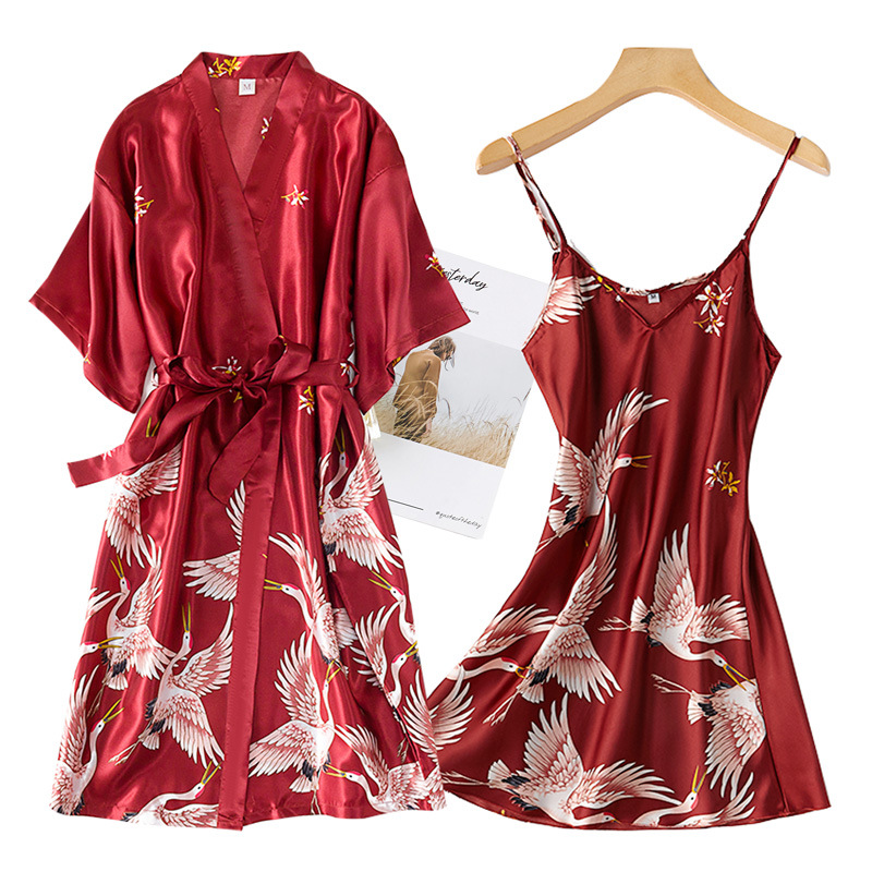 Burgund Frauen 2PCS Faux Silk  – Robe Silk Women Bewertung und Preis